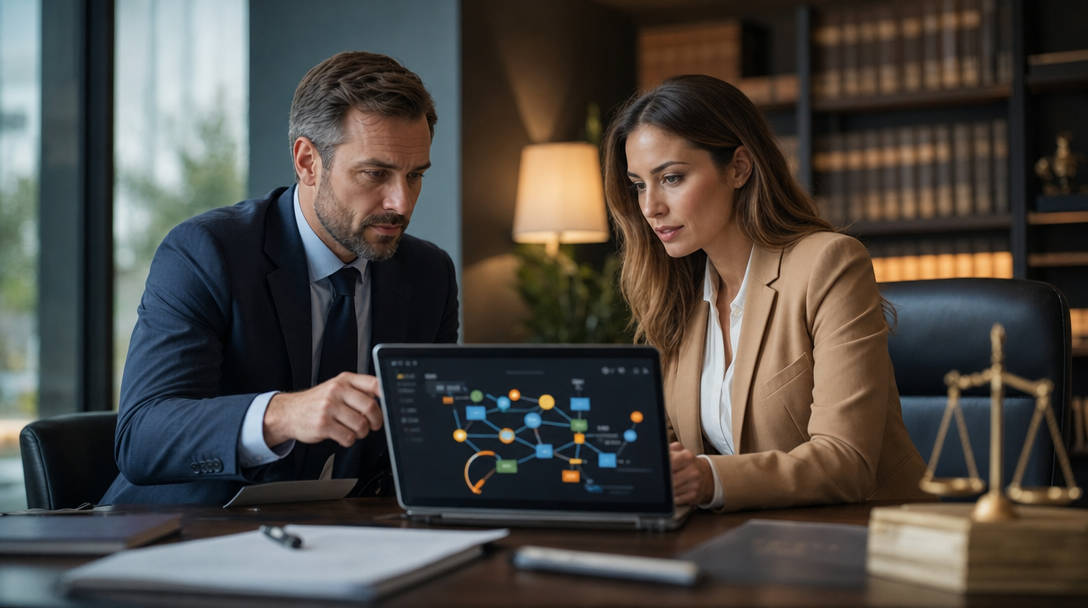 Attorney and marketing lead reviewing structured data schema on a law firm website