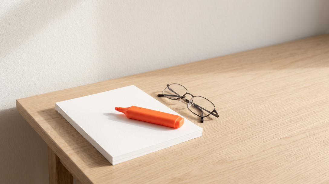 Blank white pages on a pale oak desk with an uncapped orange highlighter and folded reading glasses