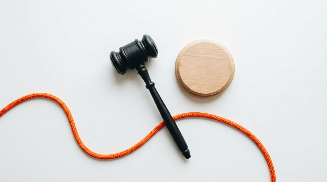 Matte black gavel and wooden sound block on white with orange cord