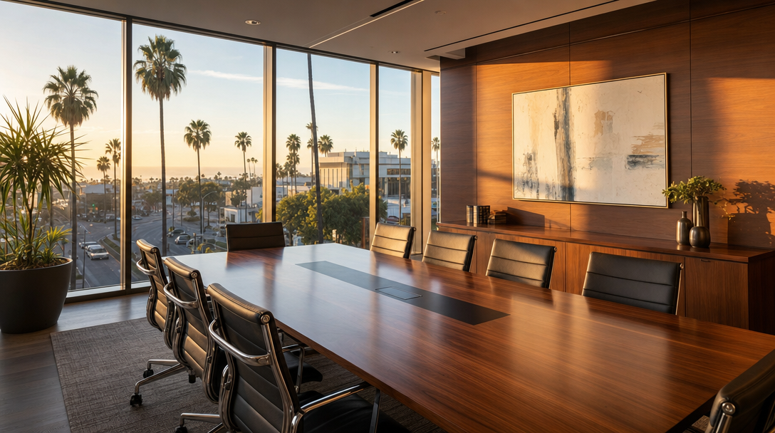 Empty law office conference room overlooking a palm-lined California boulevard