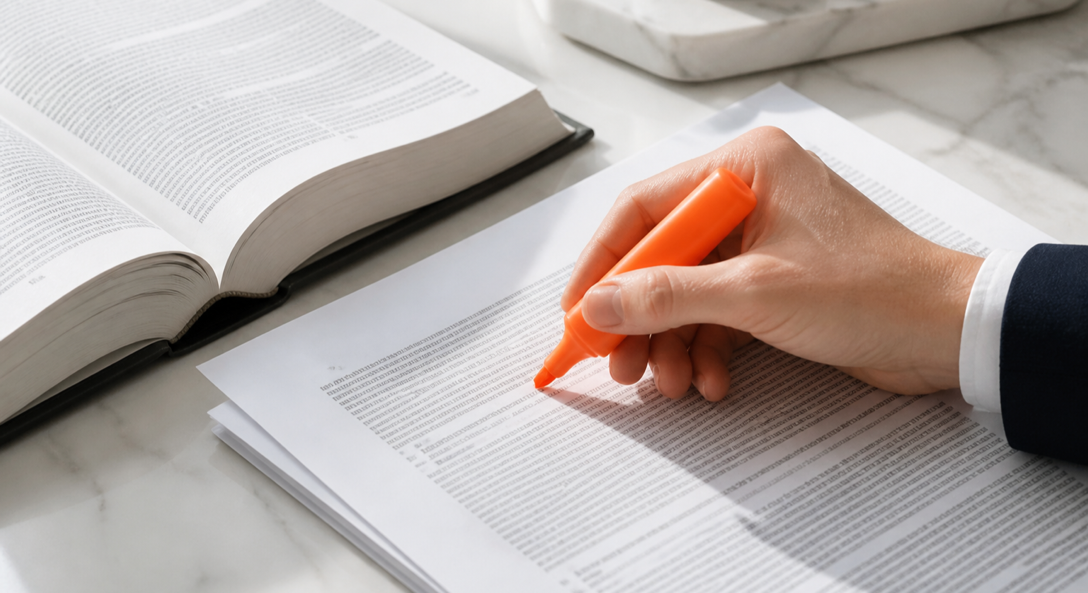 Orange highlighter marking a printed legal brief beside an open case reporter