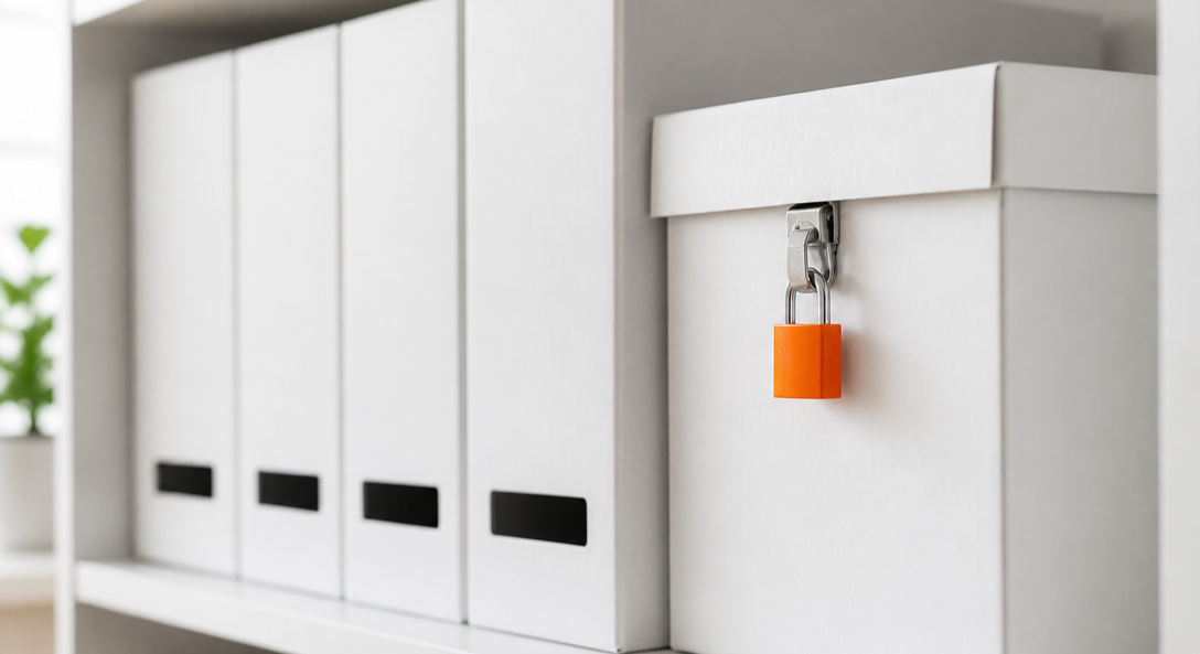 White file boxes on a shelf, one closed with an orange padlock
