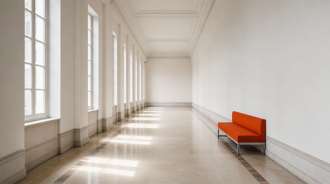 Empty daylight courthouse corridor with a single orange bench against a bare wall