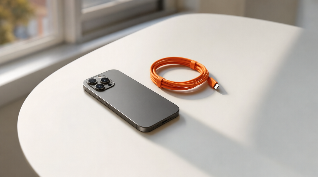 Face-down smartphone on a bare white table beside a coiled orange cable