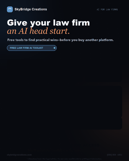 Animated overview of a free AI readiness scan, intake demo, prompt pack and human review workflow for law firms