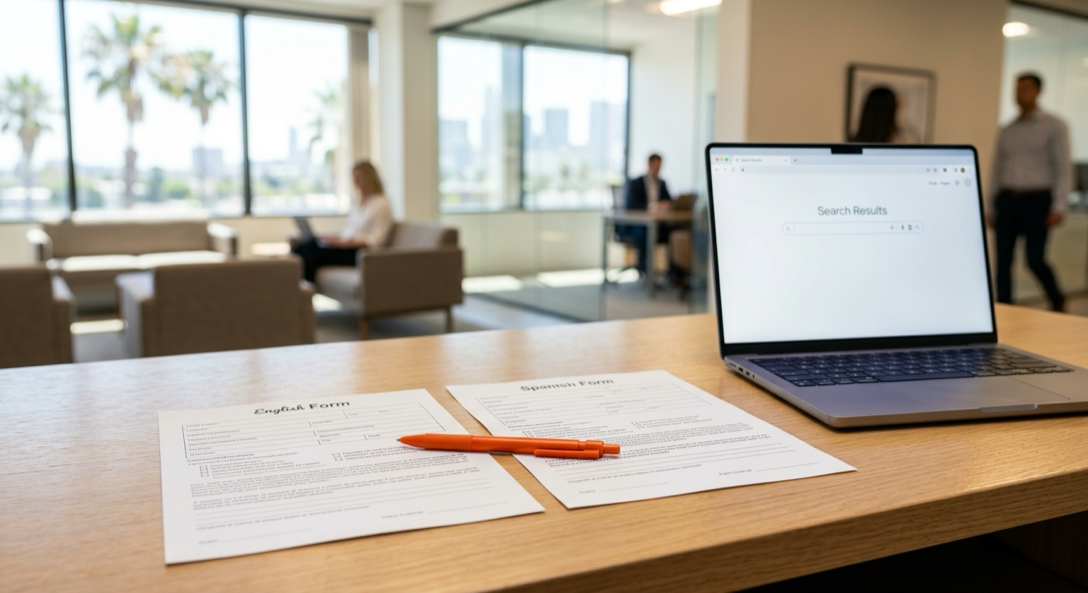 English and Spanish intake forms on a law office desk