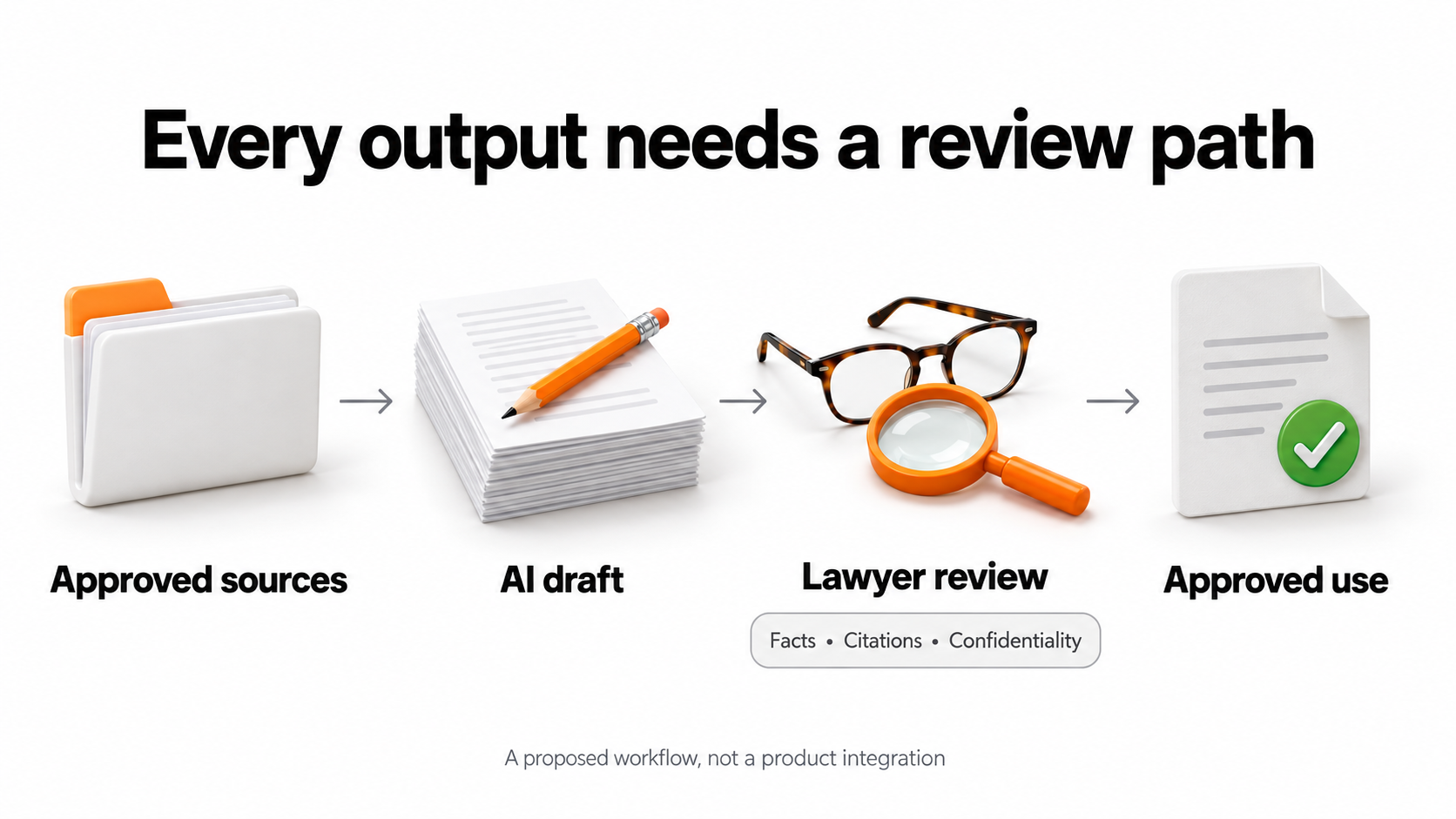 Approved sources pass through an AI draft and lawyer review before use