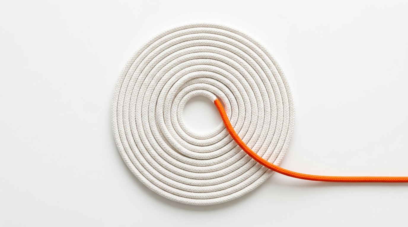 A coil of white rope with one orange cord leading away