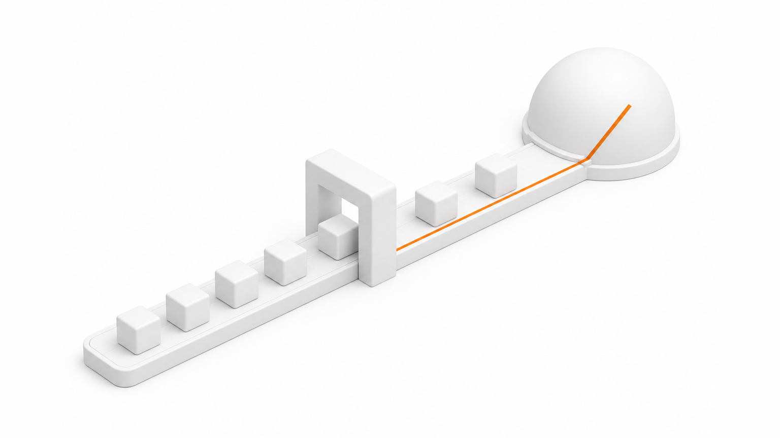 Isometric white blocks passing through a gate toward a dome, one orange line