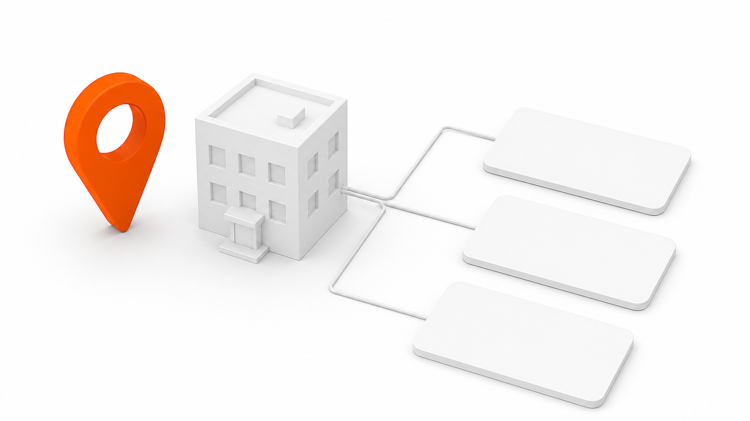 Isometric orange map pin beside a white office linked to three blank cards