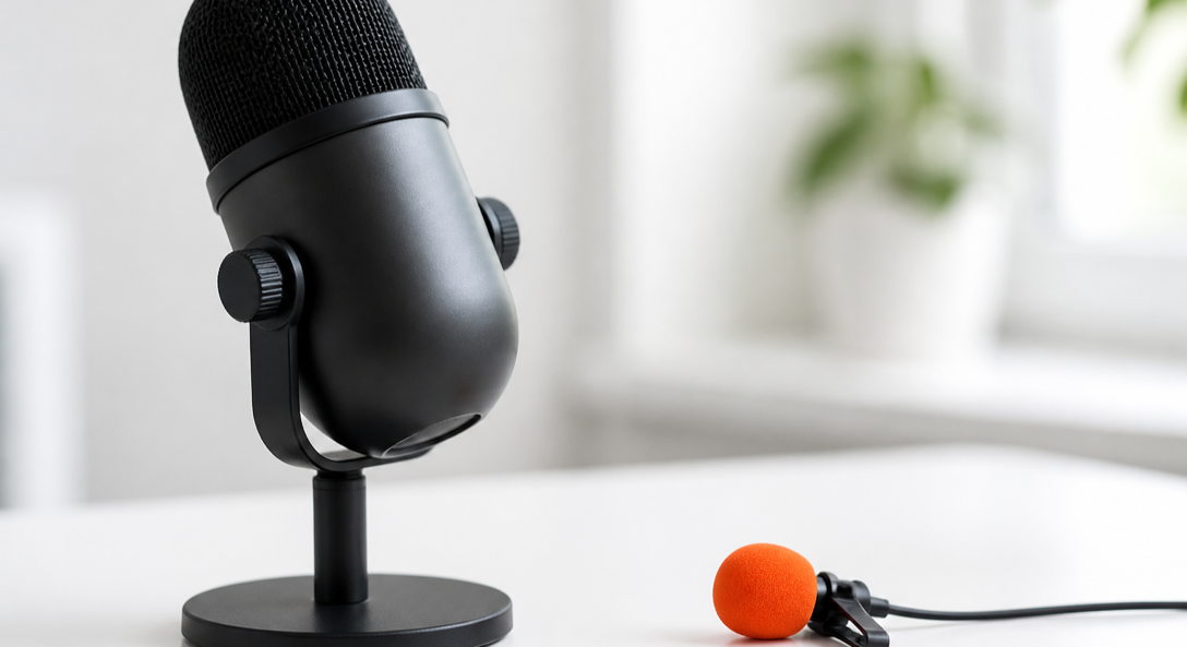 Desk microphone beside a clip-on microphone with an orange windscreen