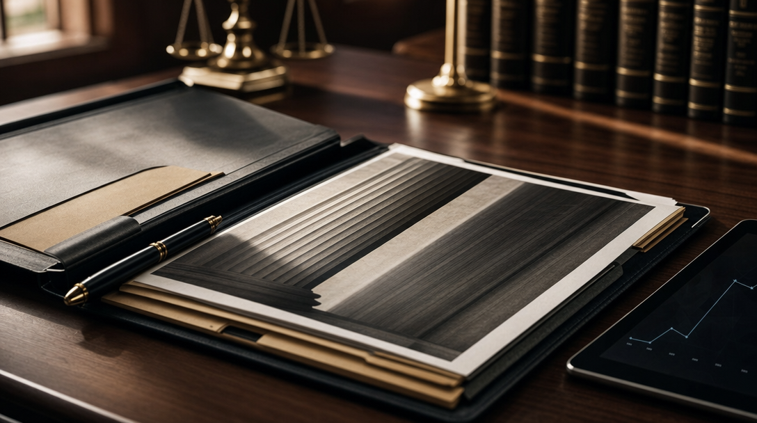 Open case file, pen and tablet on a law office desk