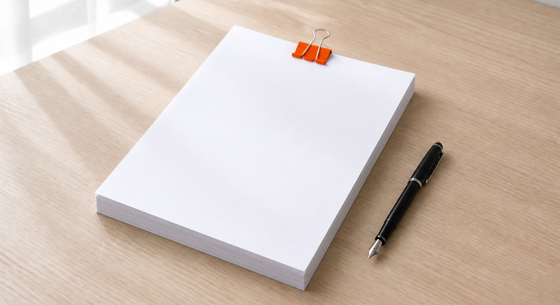 Blank documents held by an orange binder clip beside a fountain pen