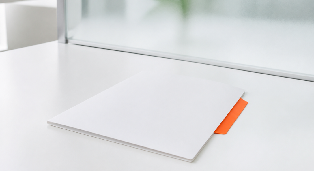 Closed white file folder with an orange tab beside a frosted glass divider