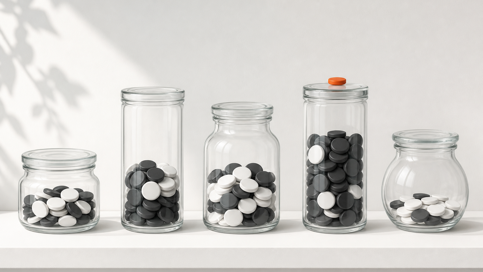 Glass jars filled to different levels on a white shelf, one orange token