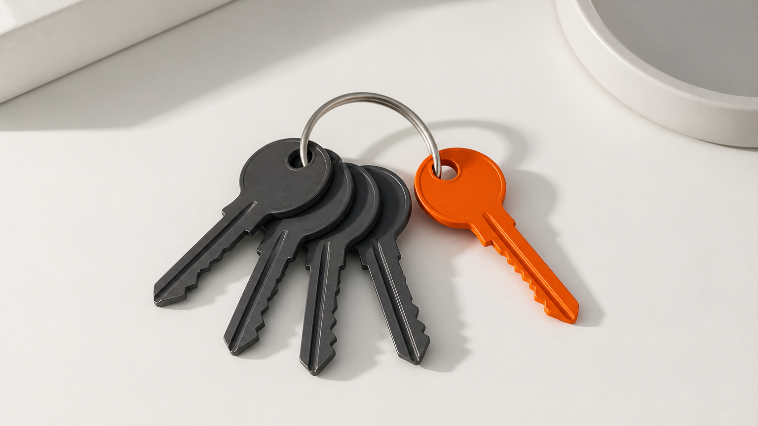 Ring of four charcoal keys and one separated orange key on a white desk