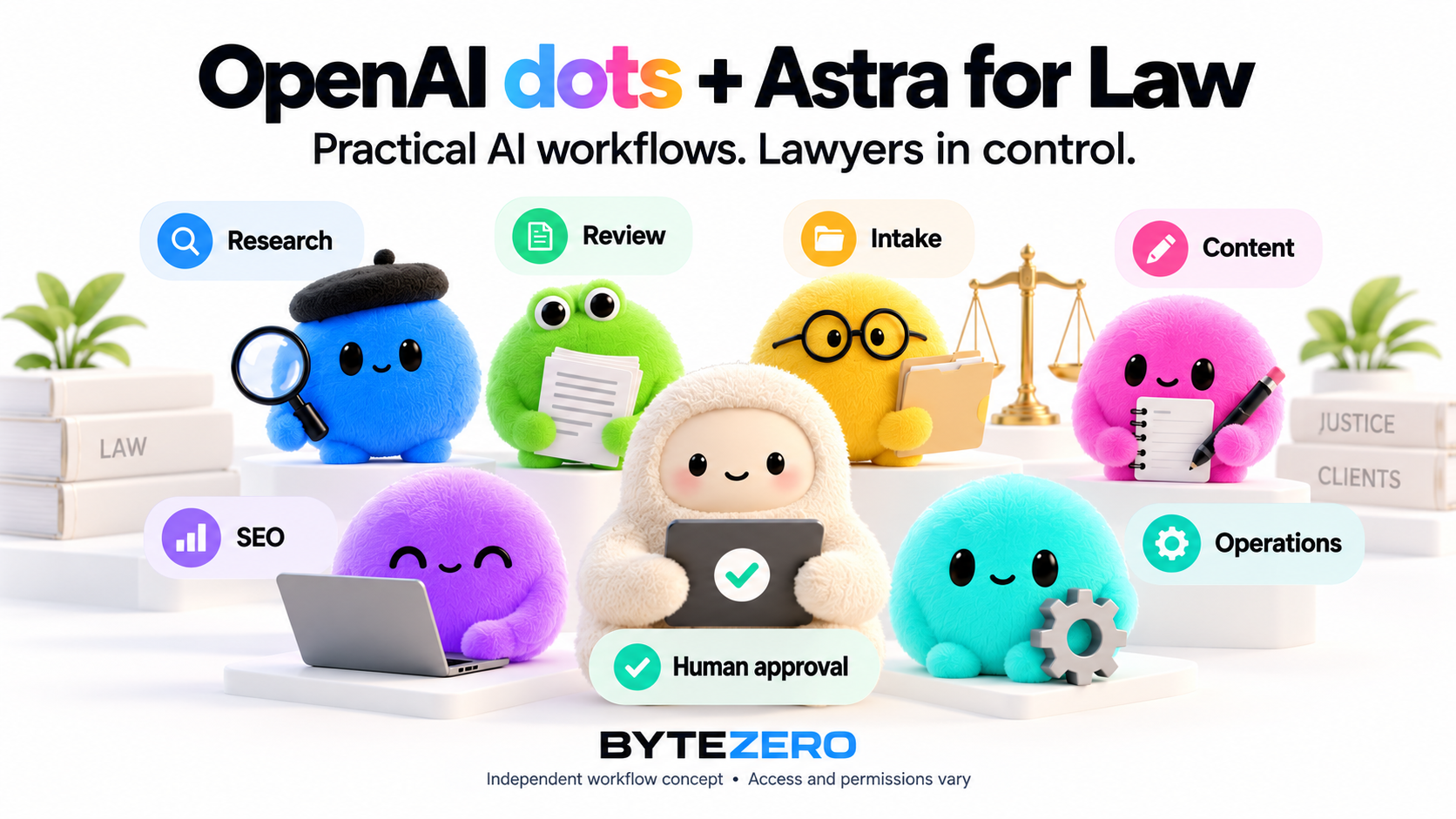 Colorful AI helpers representing six law firm tasks with human approval