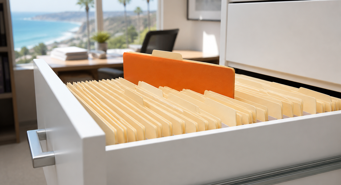 Open filing drawer of manila folders with one orange folder raised