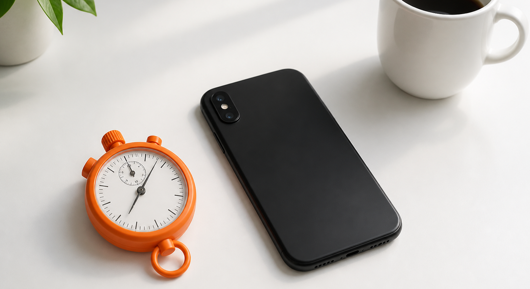 Orange stopwatch next to a smartphone lying face down on a white desk