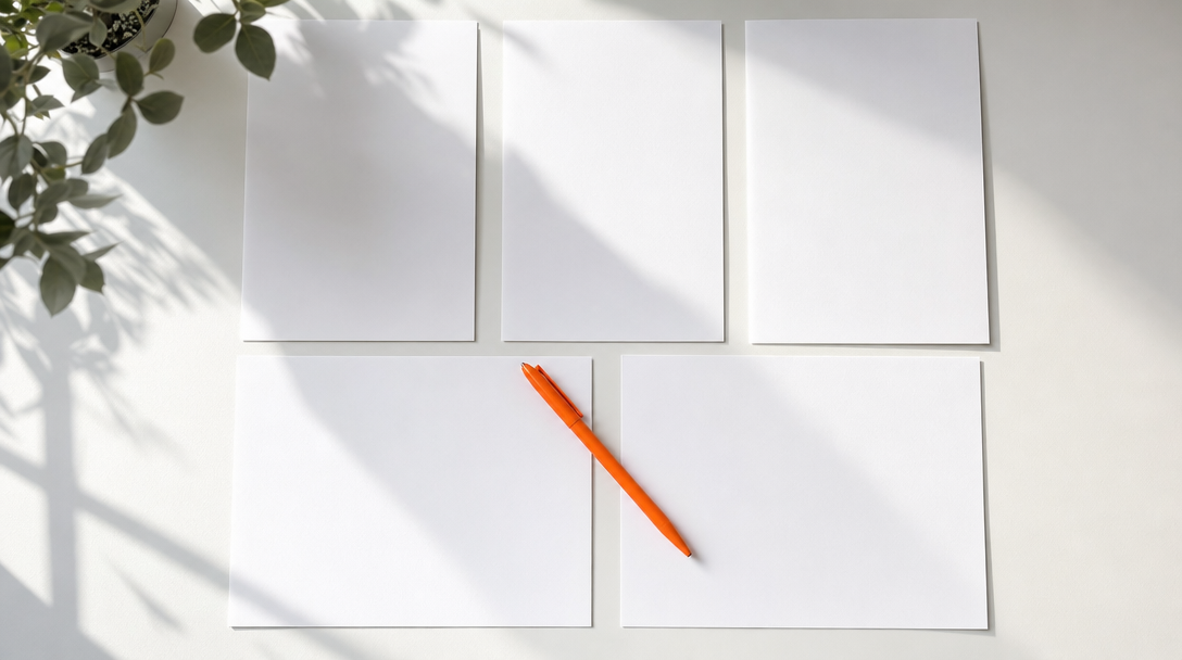 Blank page proofs on a white desk with an orange pen across them