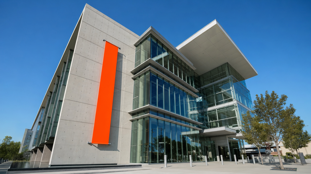 Modern California civic courthouse in daylight with a single orange banner