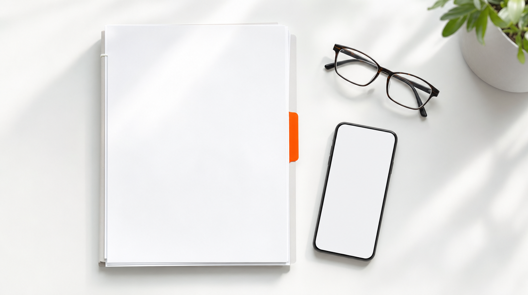 Blank documents, reading glasses and phone on a white desk