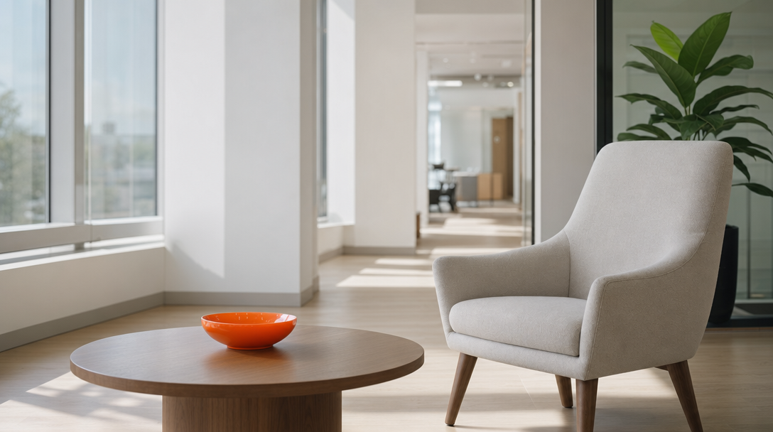 Empty law firm waiting room with a single chair and orange bowl