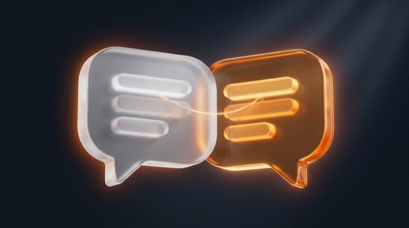 Two speech bubbles, frosted white and glowing amber