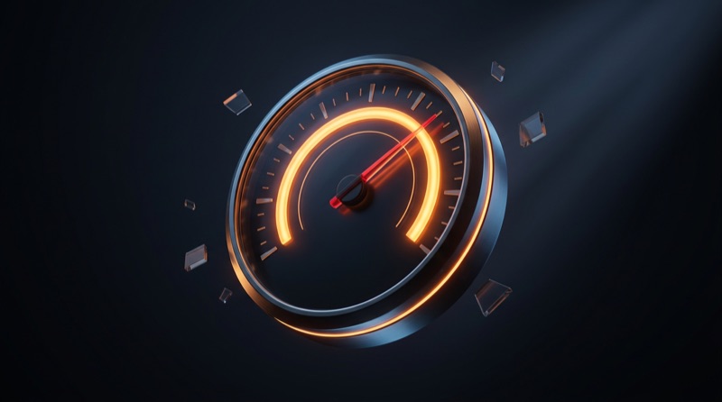 Speedometer gauge glowing amber at the high end