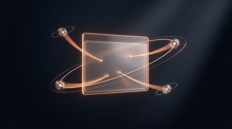AI orbs orbiting a glowing web page