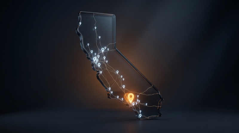 Glass silhouette of California with glowing pins