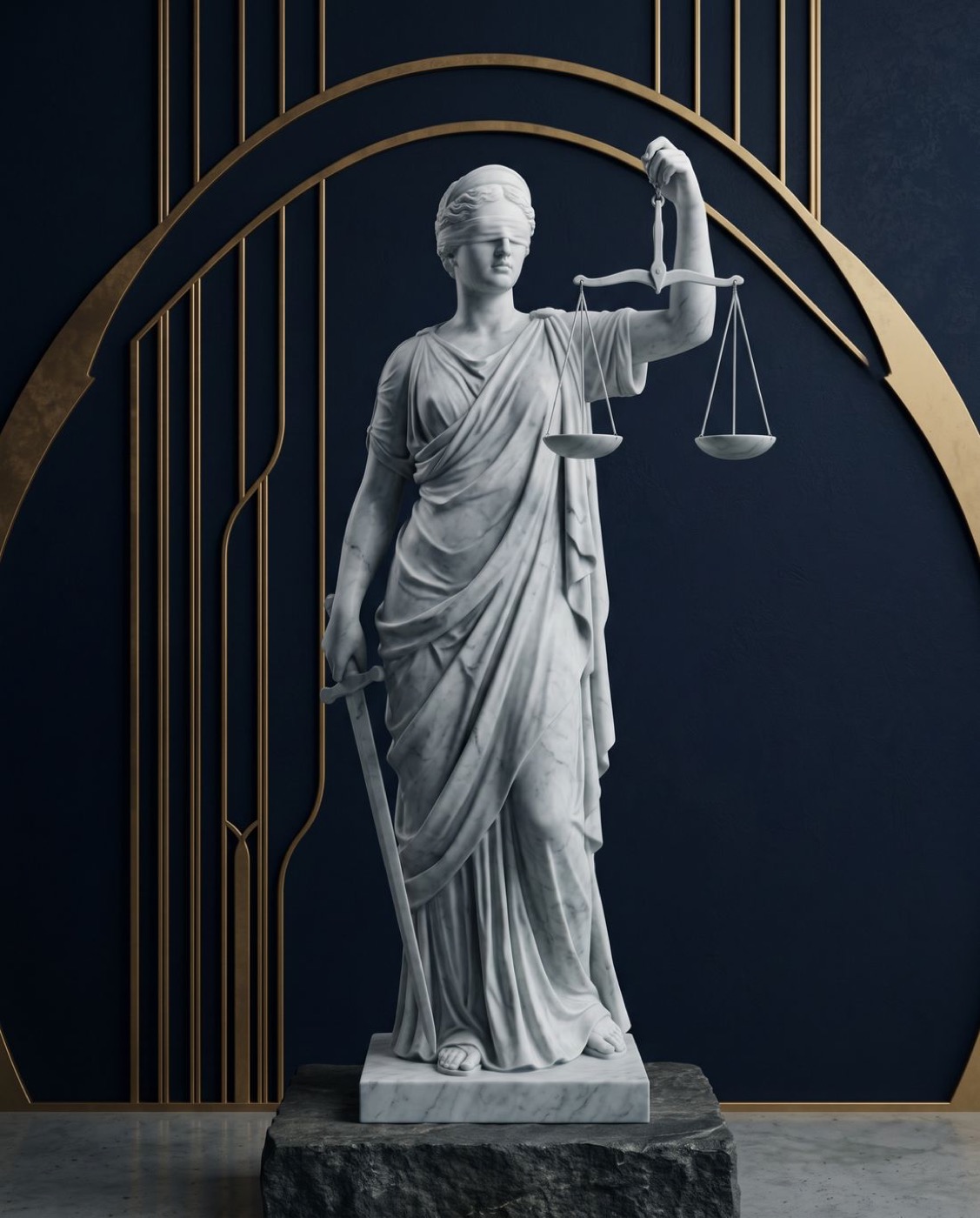 Marble Lady Justice against a gold art-deco arch — brand artwork