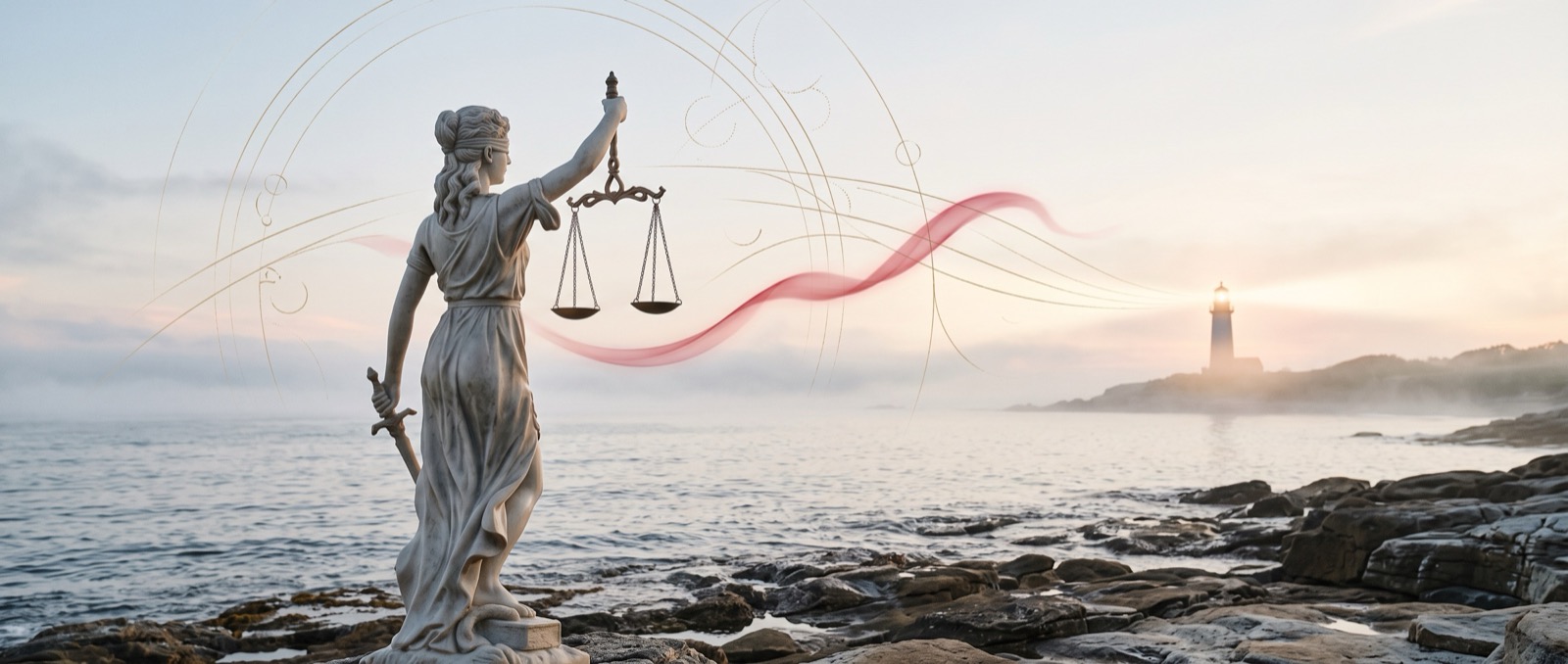 Lady Justice facing a lit lighthouse at dawn — brand artwork
